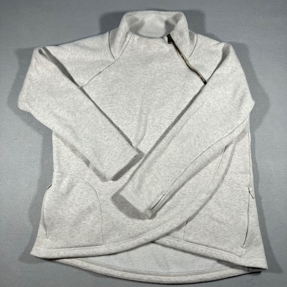 Athleta Asymmetric Zip Womens L Sweatshirt Pullover Oatmeal Heather Grey Fleece